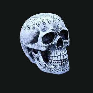 Resin astrology skull figurine detail, gothic Halloween holiday decoration tabletop ornament.