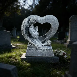 Resin angel kneeling prayer heart hollow memorial graveyard decorative tea light holder sculpture