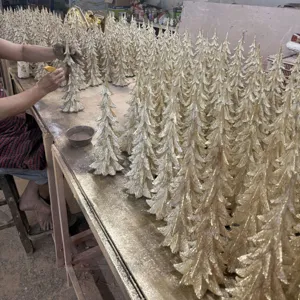 Golden resin Christmas tree figurine set for holiday garden and desktop home decor display
