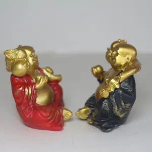Mini resin Maitreya Buddha figurines set, red and black laughing monk statues for decor.