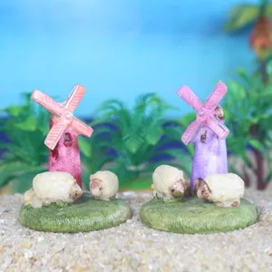 Miniature resin windmill and cute sheep figurine detail shot, perfect for succulent decor and sandbox.