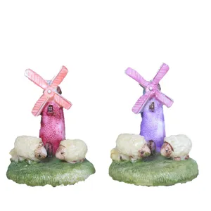 Miniature resin windmill and lovely sheep figurines for succulent plant decor and sandbox.