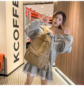 Close-up view of a stylish corduroy backpack worn in a cozy cafe setting, daily casual detail.