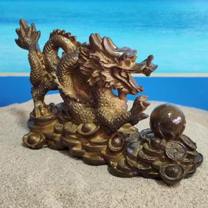 Chinese dragon figurine resin statue with wealth coins and pearl for lucky decor detail view
