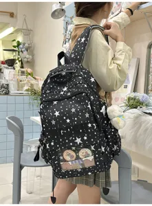 Sac à dos ita noir à imprimé étoiles japonaises avec fenêtre transparente, grand cartable quotidien.