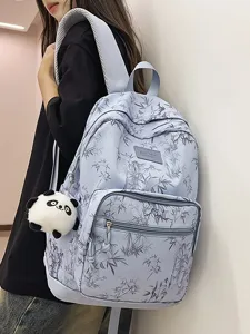 Women Casual Nylon Backpack Large Capacity School Bookbag With Bamboo Leaf Print Travel Daypack