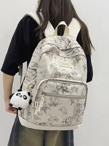 Casual canvas backpack for women, stylish bamboo print school bag with large capacity daily.