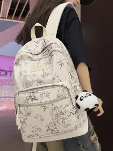 Beige bamboo print casual backpack for women, large capacity school bag with cute panda pendant.