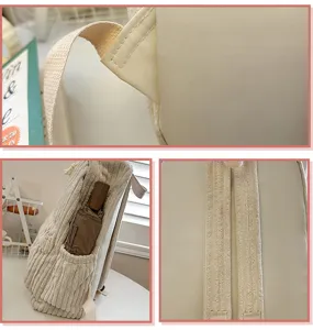 Detailed view of beige corduroy backpack showing strap and side pocket construction.