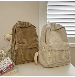 Casual corduroy backpack with large capacity, solid color daily school bag for women style.