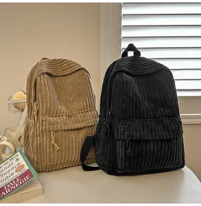 Casual corduroy backpack for women large capacity solid color school bag versatile design.
