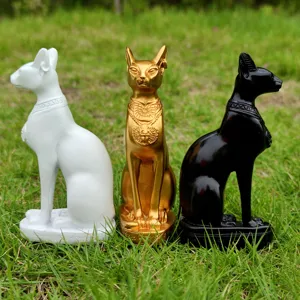 Ancient Egyptian Bastet cat goddess resin statue ornament set, multi-color home decor display.