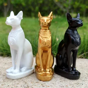 Egyptian Bastet cat resin statue detail view showcasing fine craftsmanship in three classic colors.