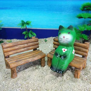 Miniature wooden bench cat figurine set micro landscape photography props decor desktop.