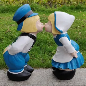 Charming kissing boy and girl garden statues, European resin couple figurines for outdoor yard.