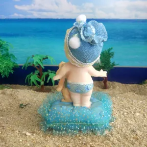 Resin baby doll ornament miniature sandplay toy cute infant figure blue hat desktop decor.