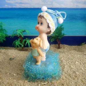 Resin baby and puppy figurine sand tray toy cute blue hat desktop ornament home decor