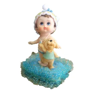 Cute resin baby doll with puppy figurine on blue lace cushion sand tray toy ornament