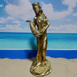 Golden Fortuna goddess statue holding cornucopia with coins, resin home decor craft prop.