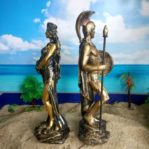 Greek mythology goddess and warrior resin statues antique gold finish fortune lucky decor.