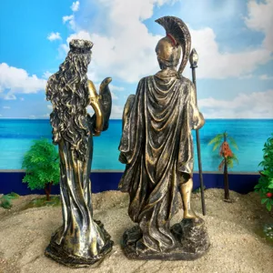 Greek mythology resin statue close up, retro golden finish, exquisite antique tabletop decor.