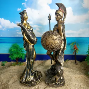 Detailed view of the vintage resin goddess and warrior statue set, exquisite texture display.