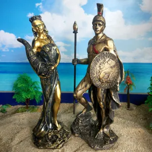 Resin goddess and warrior figurine set, antique gold finish decor for desktop display.