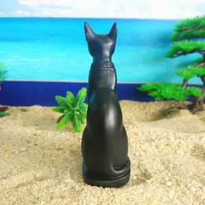 Egyptian Bastet cat goddess resin figurine detail shot, black finish with collar carving.