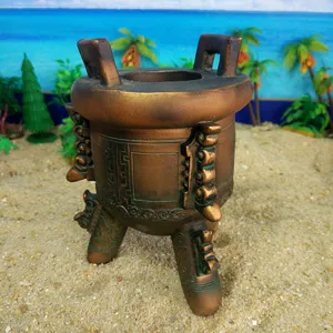 Resin bronze ding incense burner detail shot, antique tripod vessel texture display.
