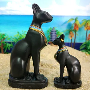 Resin Egyptian cat Bastet god statue ornament set, detailed black finish with colorful collar.