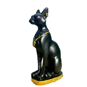 Egyptian cat goddess Bastet resin statue, black and gold vintage home decor ornament.