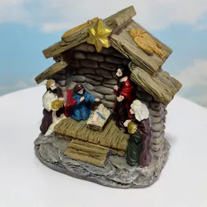 Resin Nativity scene figurine detail, Christmas Jesus birth stable ornament decor.