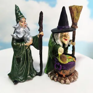 Set di statuette miniatura stregone e strega, decorazione per sabbiera in resina magica.