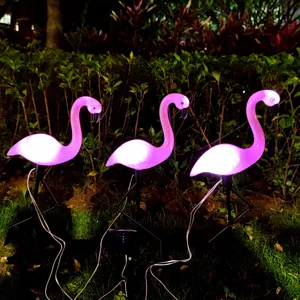 Solar flamingo LED outdoor lawn light detail view, waterproof garden decorative landscape stake.