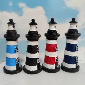 Miniature resin lighthouse ornaments set of four, Mediterranean style desktop and aquarium decor.