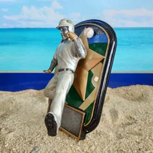 Resin baseball player trophy plaque, sports commemorative figurine desk decor and hanging ornament.