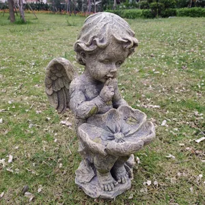 Garden angel bird feeder statue, vintage resin fairy planter for outdoor yard decor.