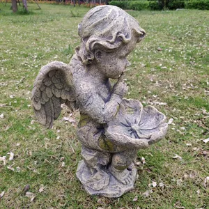 Resin angel garden statue with flower bowl feeder, outdoor yard decoration ornament sculpture.