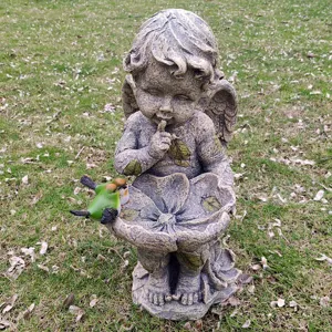 Resin angel bird feeder garden statue outdoor yard lawn ornament with cute little birds decor