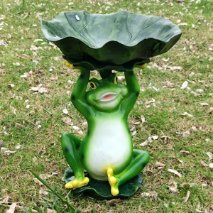 Resin green frog holding lotus leaf bird bath, outdoor garden lawn decoration sculpture.