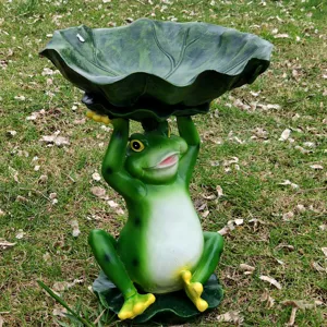 Garden frog birdbath resin sculpture cute lotus leaf animal ornament for outdoor yard decor detail view