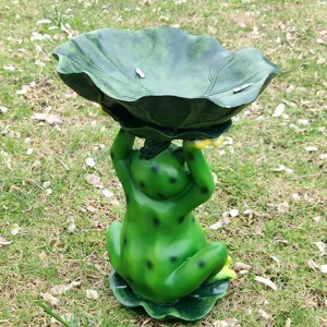 Outdoor resin frog statue holding lotus leaf bird feeder garden decoration detail shot