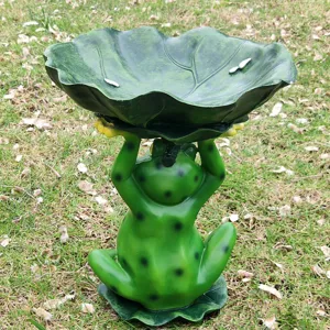 Green frog holding lotus leaf garden bird feeder resin outdoor yard lawn decorative statue