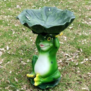 Garden frog bird feeder statue, green resin lotus leaf sculpture for outdoor yard decor.