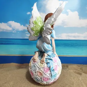 Resin fairy figurine angel garden statue sitting on rose flower ball decoration for yard