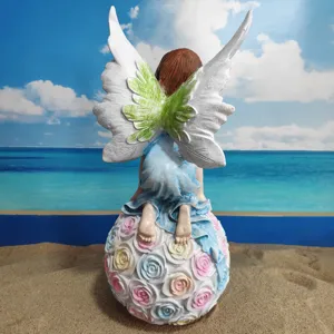 Resin angel flower fairy sculpture garden decoration, cute rose sphere base, home yard decor.