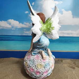 Resin angel flower fairy garden ornament, cute winged fairy figurine on rose ball decor.