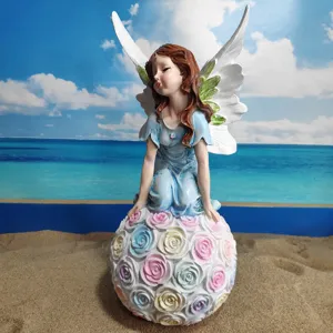 Resin angel figurine fairy sitting on rose ball garden decor home ornament tabletop display