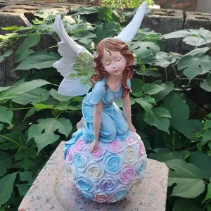Resin Angel Fairy Garden Statue Outdoor Yard Ornament Cute Flower Ball Figurine Decor