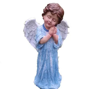 Resin praying angel statue garden decoration, white wings blue dress ornament sculpture